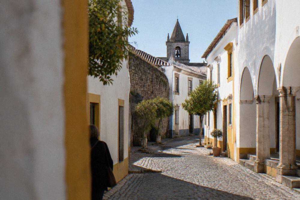 A stretch of old stone wall in Évora with houses built against it