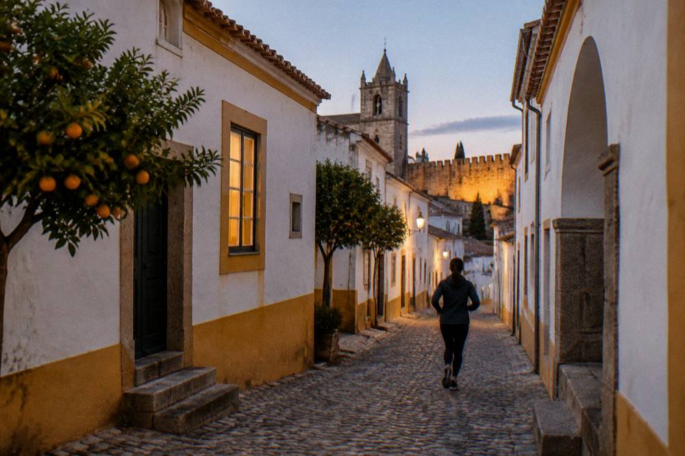 The old walls of Évora at dusk with warm light on the stone