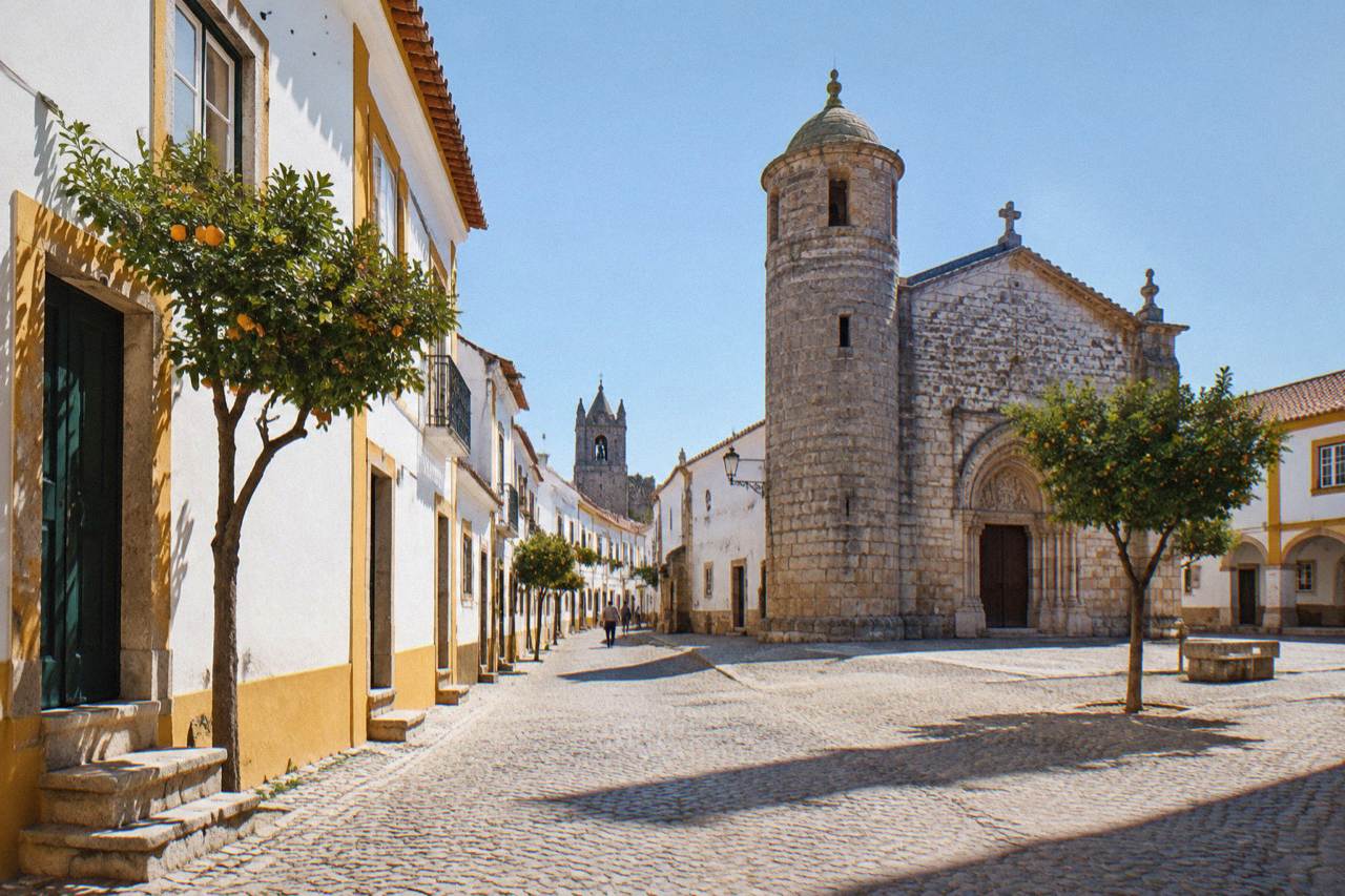 A stone chapel with a round tower and carved doorway standing beside a broad open square in Évora under a clear sky