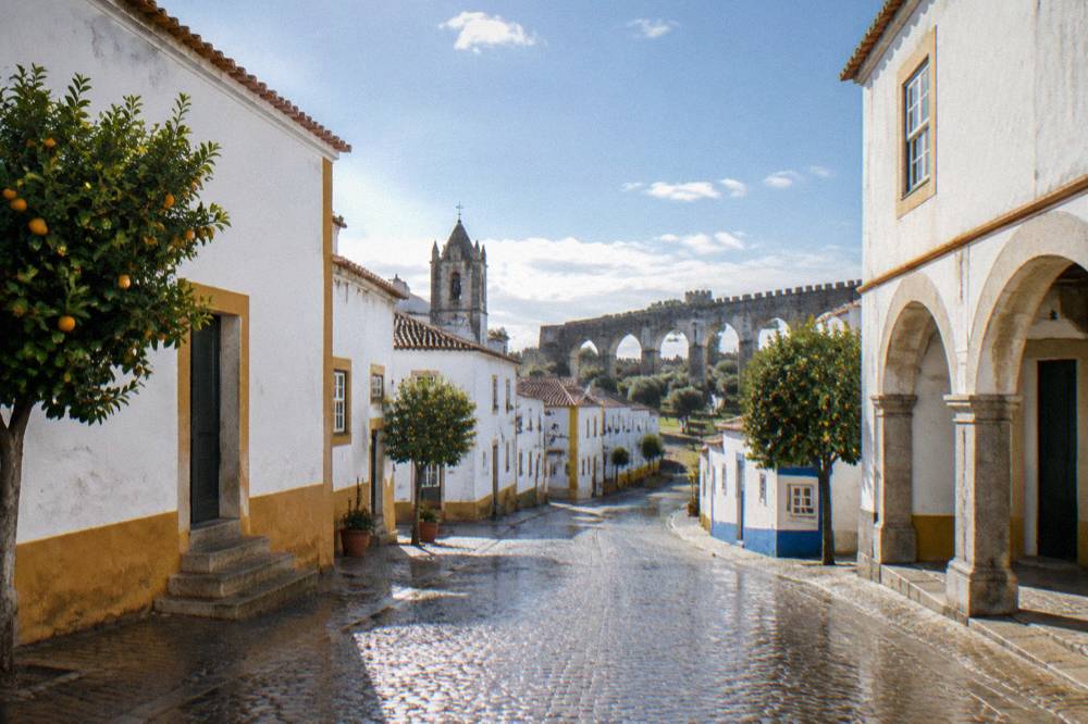 Stone aqueduct arches crossing open ground on the edge of Évora with the city walls beyond
