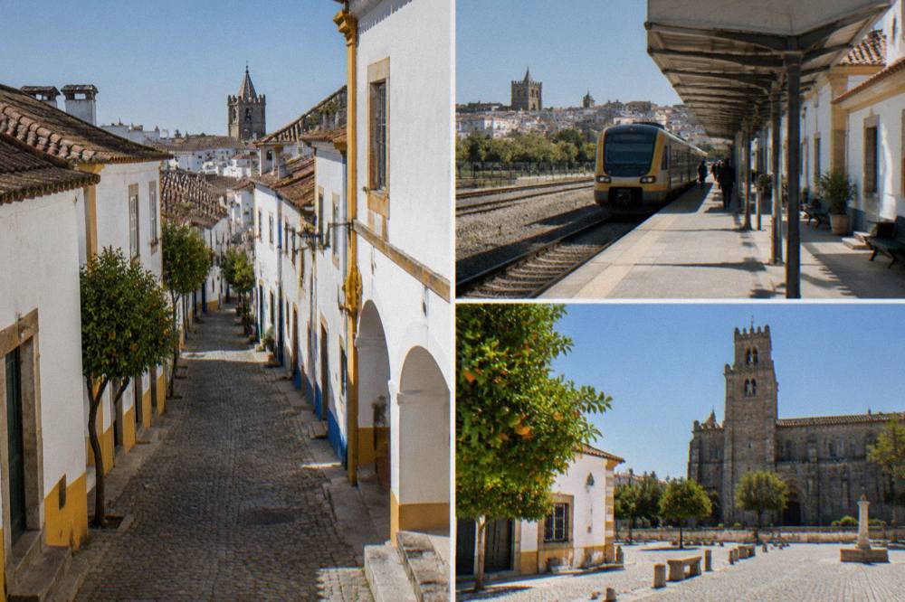 A railway platform in Évora with a regional train at the stop and morning light over the town
