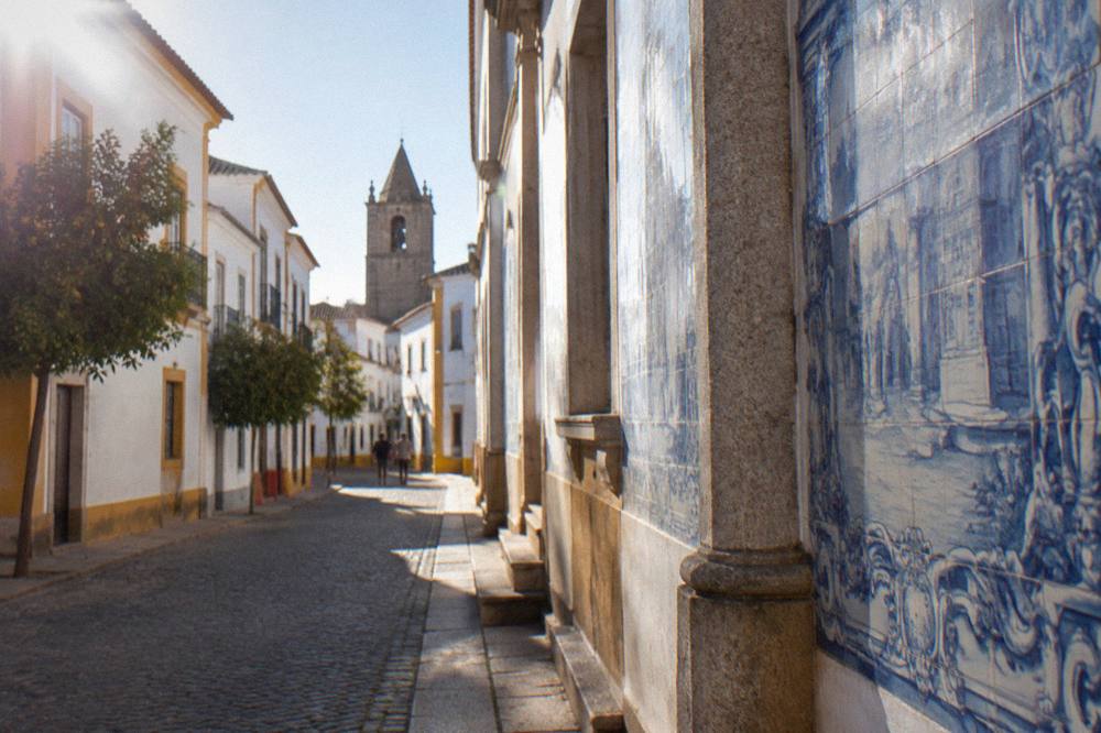 Detail of blue and white azulejo tiles on the university facade in Évora