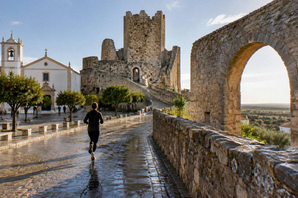 A stone aqueduct arch and old wall on the edge of an Alentejo town at golden hour