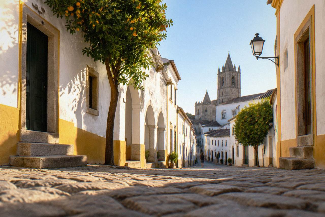 Walled historic centre of Évora seen at golden hour with the cathedral tower rising above rooftops