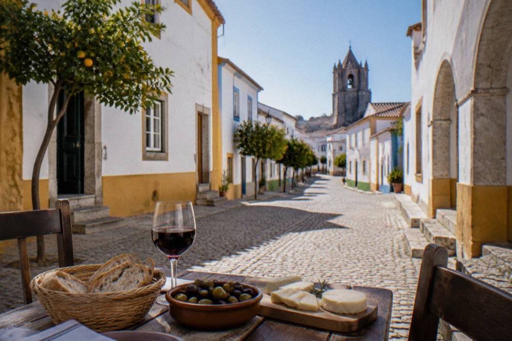 Table set with Alentejo bread, cheese, olives and a glass of red wine in a rustic taverna