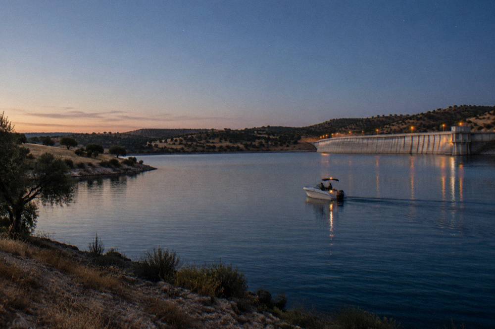 A small boat on the calm Alqueva lake at dusk with the first stars appearing