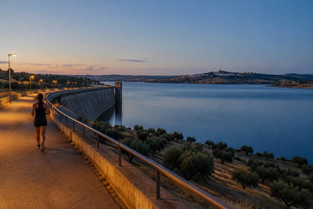 Dusk over the Alqueva lake with the silhouette of a village on the far shore