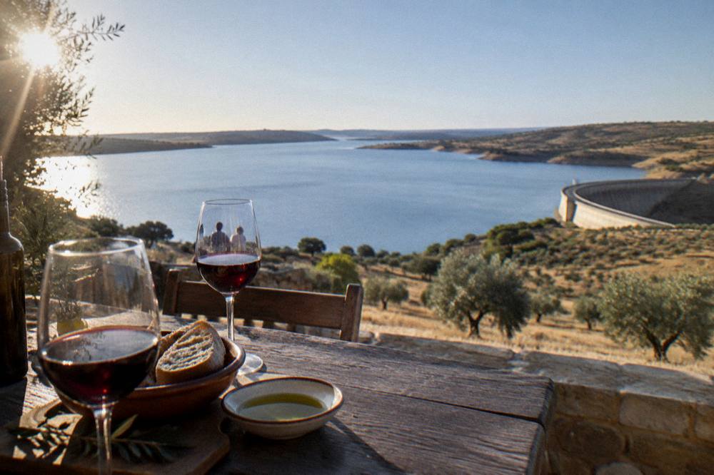 Glasses of red Alentejo wine on a cellar tasting table with bread and olive oil
