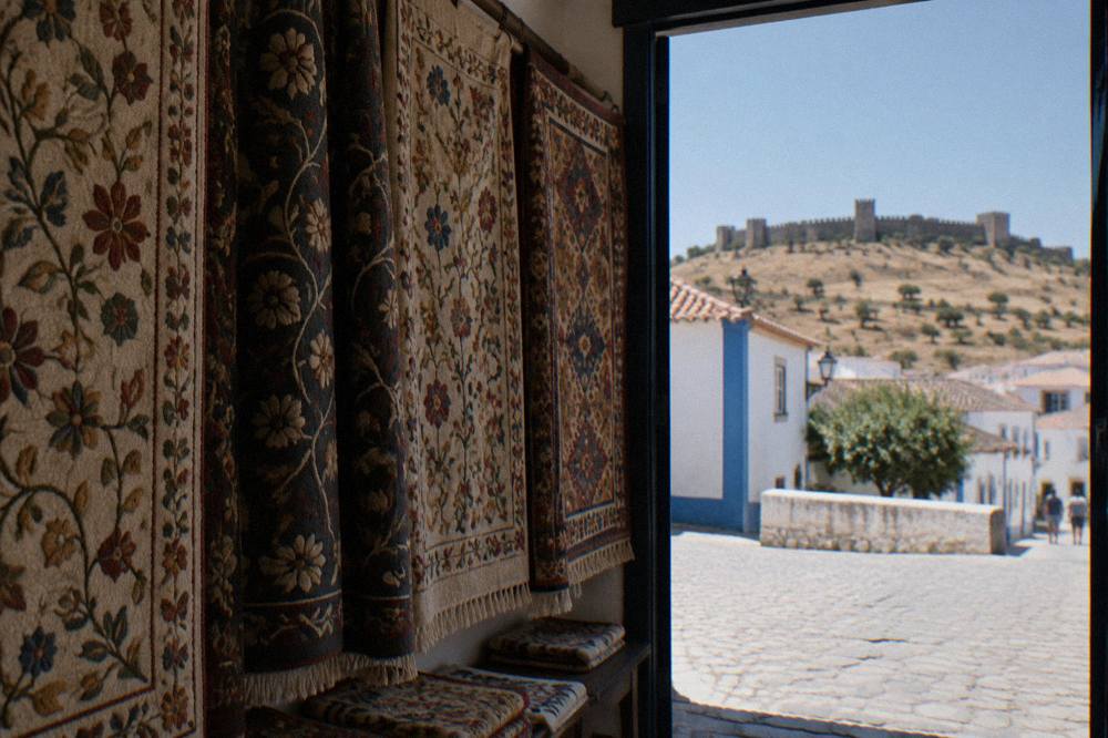 A display of patterned hand-embroidered wool carpets hanging in a shop interior