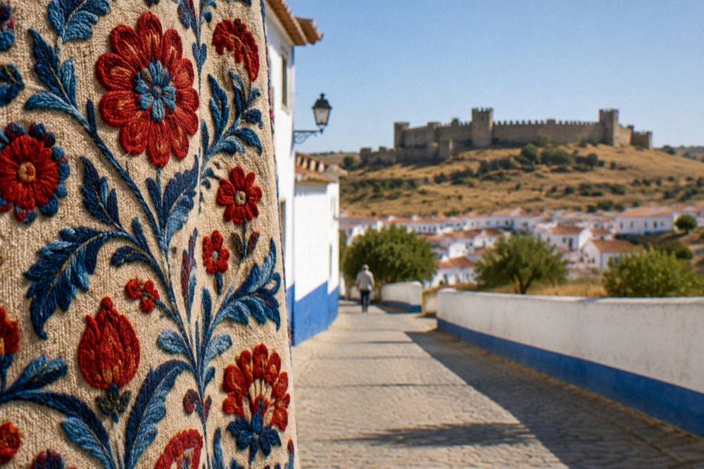 A hand-embroidered wool carpet detail showing dense floral stitching in red and blue wool