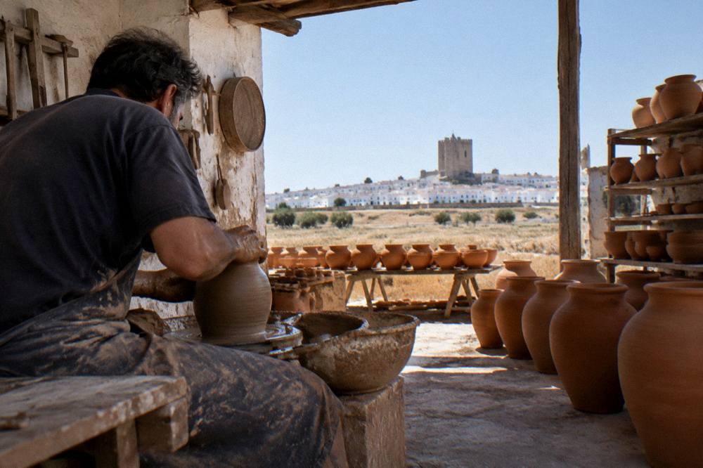 A potter shaping clay on a wheel in a rustic workshop surrounded by drying terracotta jars