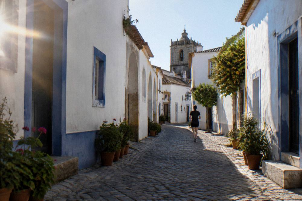 Narrow whitewashed street with blue trim and potted flowers in a small Alentejo village