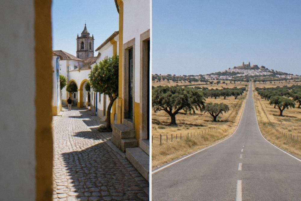 Long straight road crossing golden dry grassland with cork oaks and a distant hilltop village