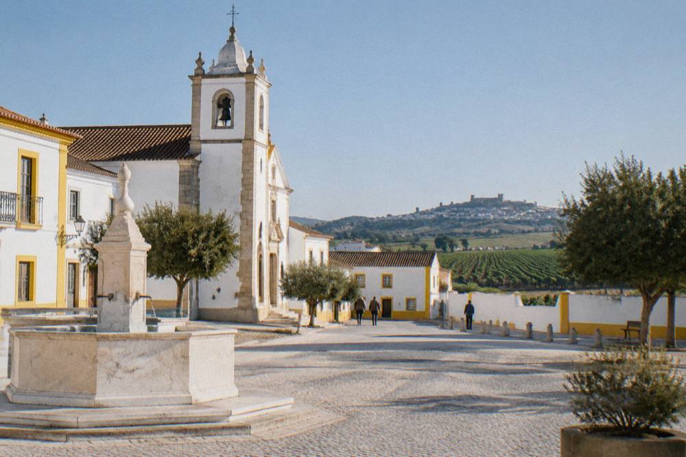 A walled hill town on the horizon seen across Alentejo plains