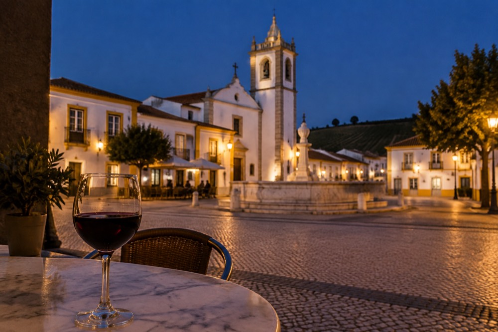 A glass of red Alentejo wine on a marble table in the evening