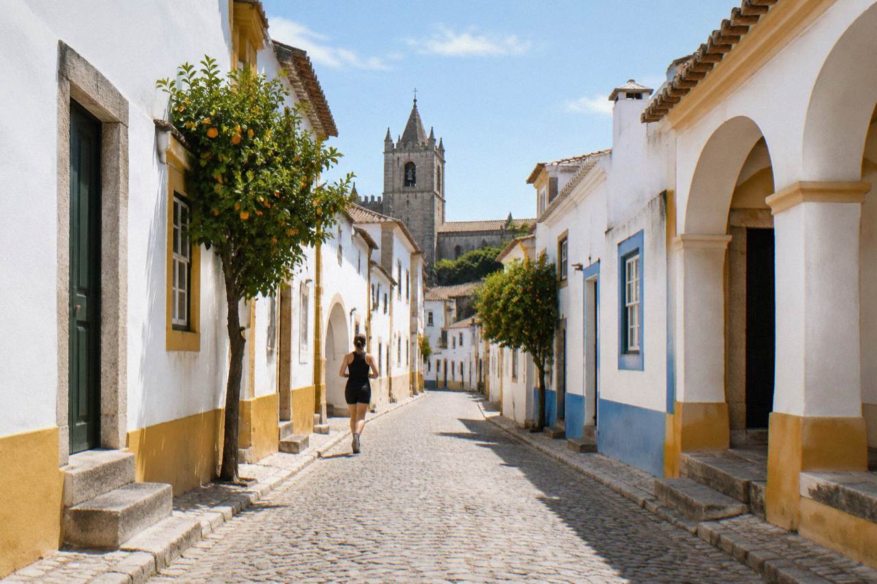 Golden stone buildings and towers of a Spanish old town rising above a wide plain under a blue sky