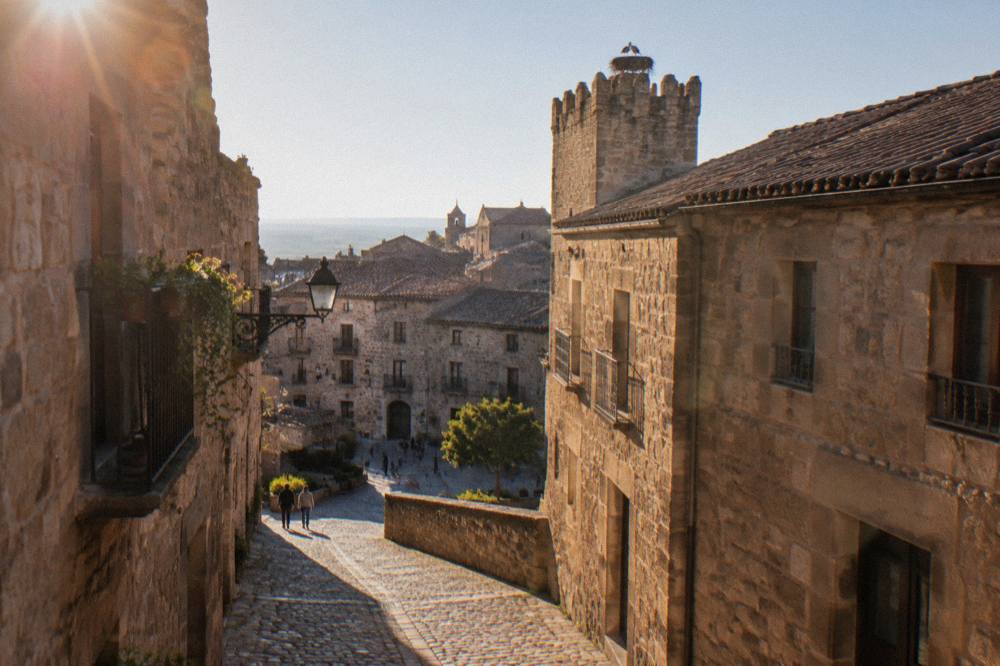 Narrow medieval street lined with stone palaces and storks nesting on a tower