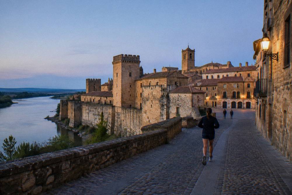 Wide river flowing past tall stone fortress walls under a warm afternoon sky