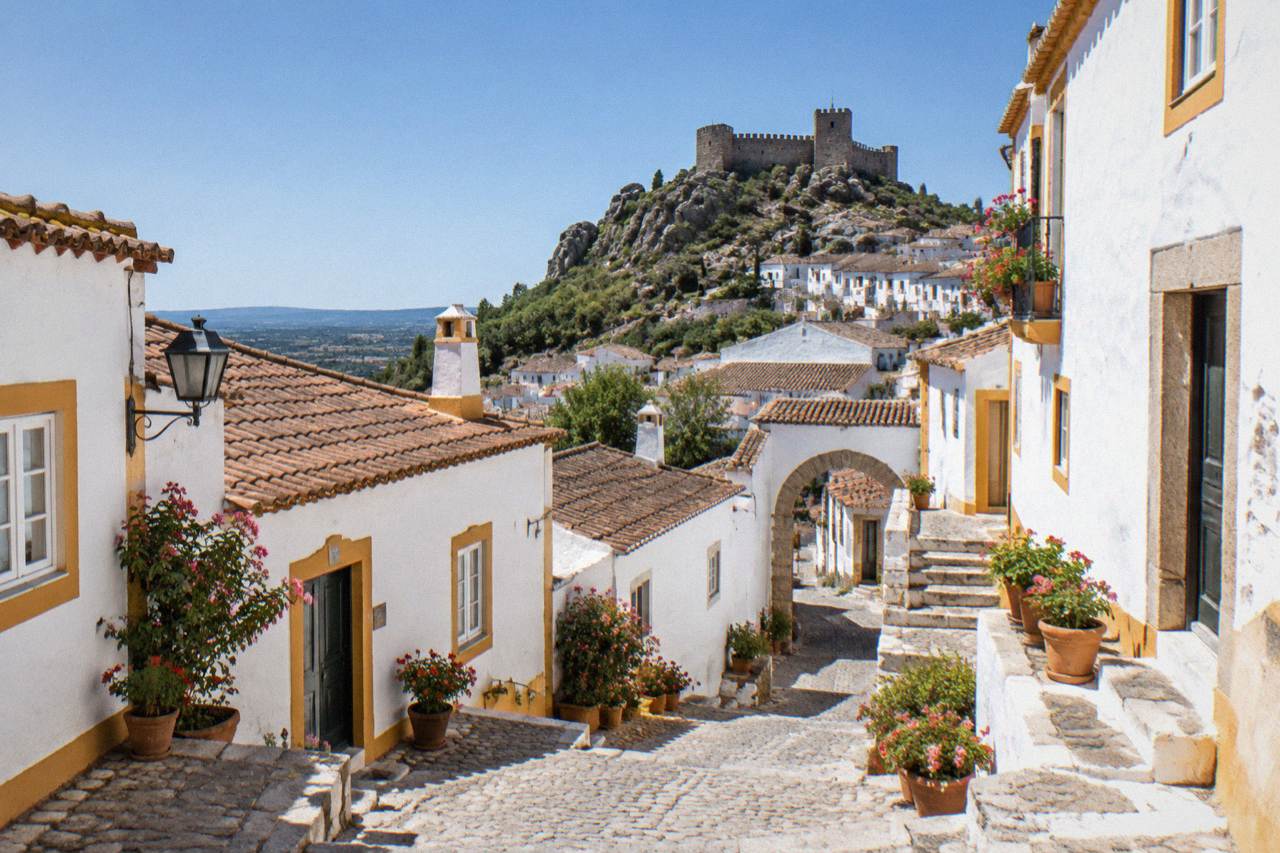 Whitewashed houses with flower pots on a steep cobbled lane in a Portuguese hill town