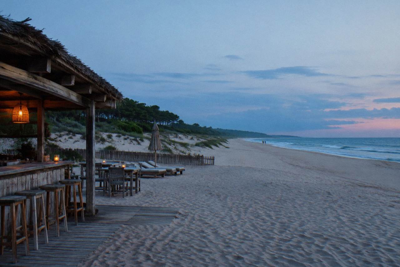 A wide empty Atlantic beach with pale sand and low dunes backed by pine trees