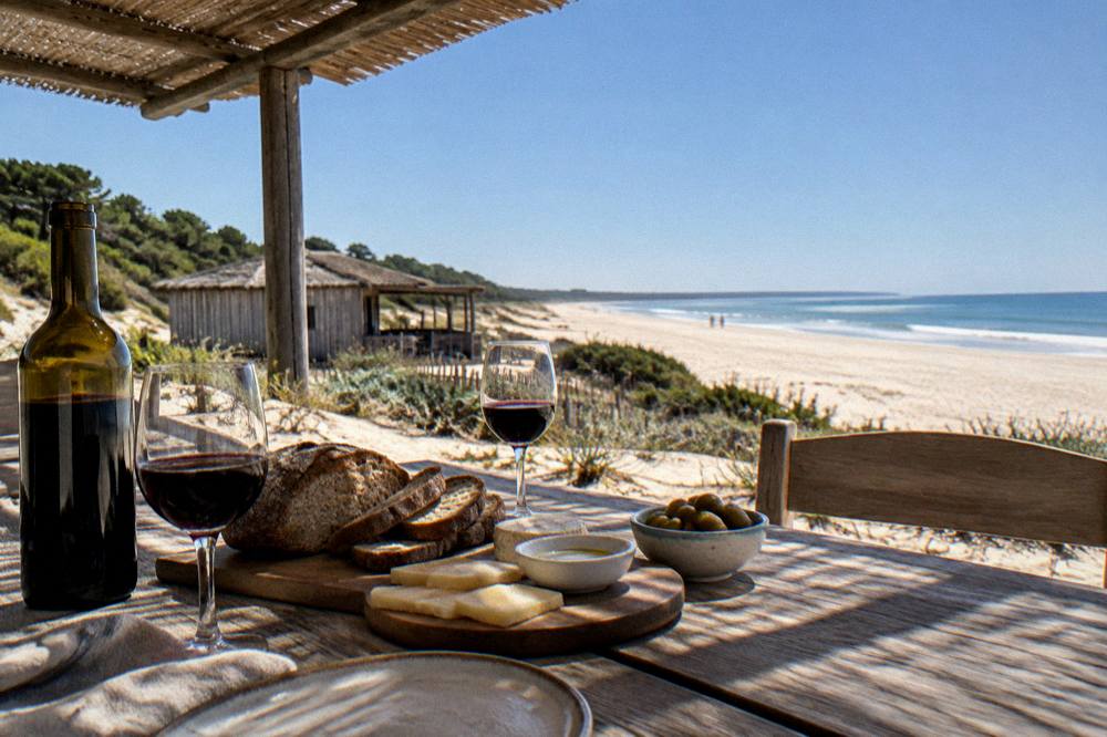 A table set with Alentejo wine, bread and cheese under a pergola near the sea