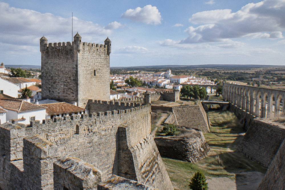 Close view of Elvas castle keep and crenellated walls seen from inside the old town