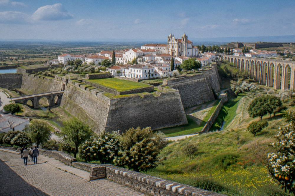 Spring light on Elvas old town streets with whitewashed houses and baroque church facade