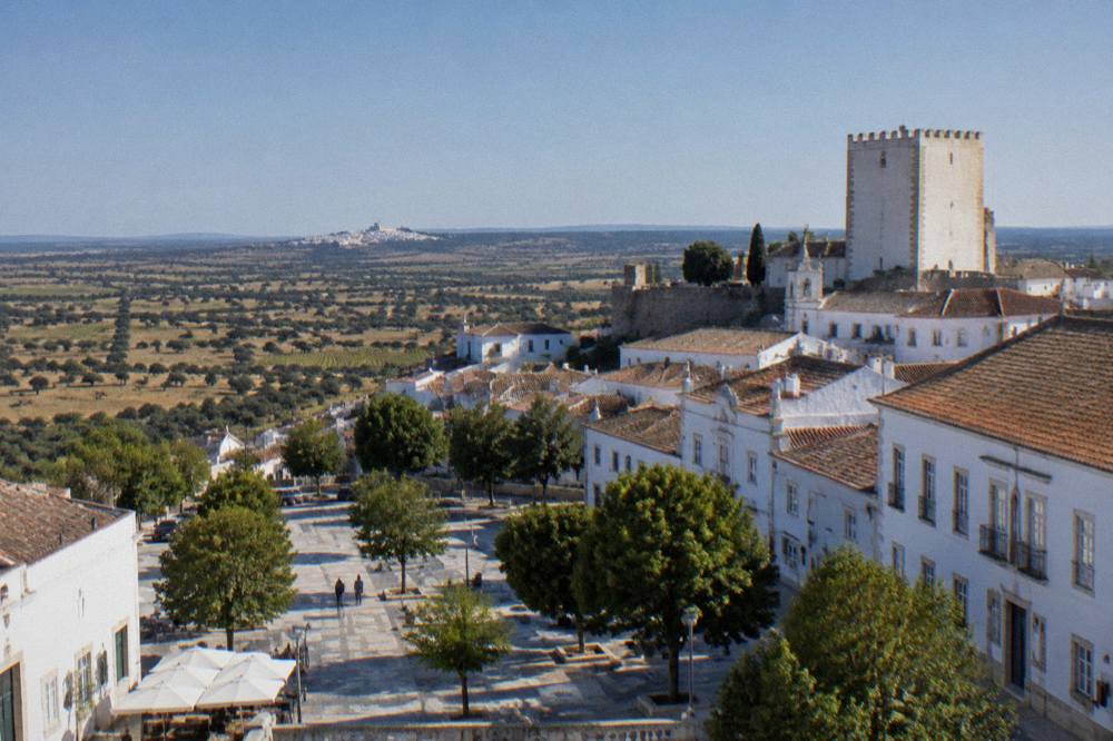 An open landscape of cork oaks and vineyards on the Alentejo plain, with a distant white hill town on the horizon under a wide sky.