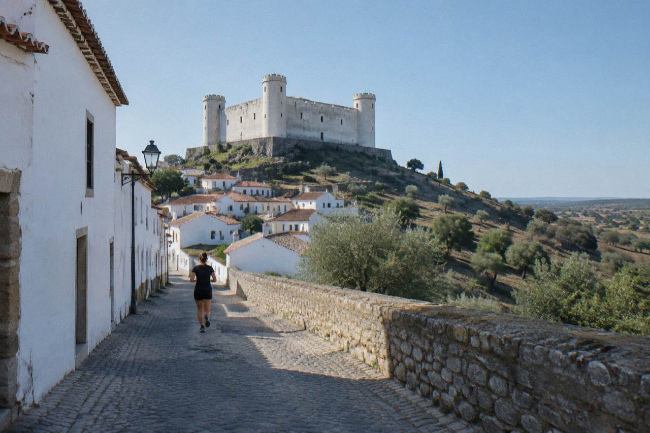 Stone castle keep of Évoramonte rising above small white Alentejo village houses under a blue sky