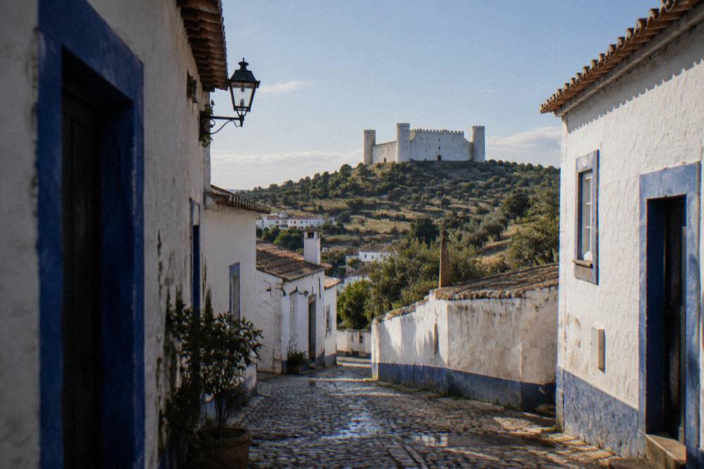 Narrow cobbled lane in Évoramonte lined with whitewashed houses and blue-painted door frames
