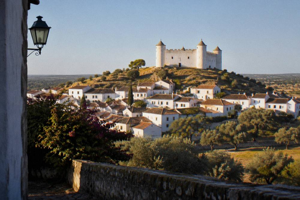 Sunset light on whitewashed houses and the castle silhouette of Évoramonte village