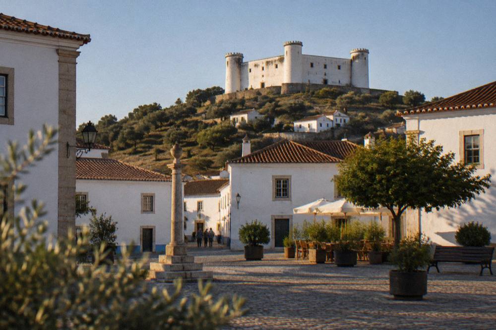 Quiet main square of Évoramonte with stone pavement and simple white village facades