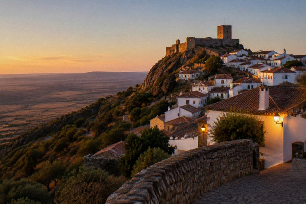 Sunset light on white village walls with a castle silhouette against an evening sky