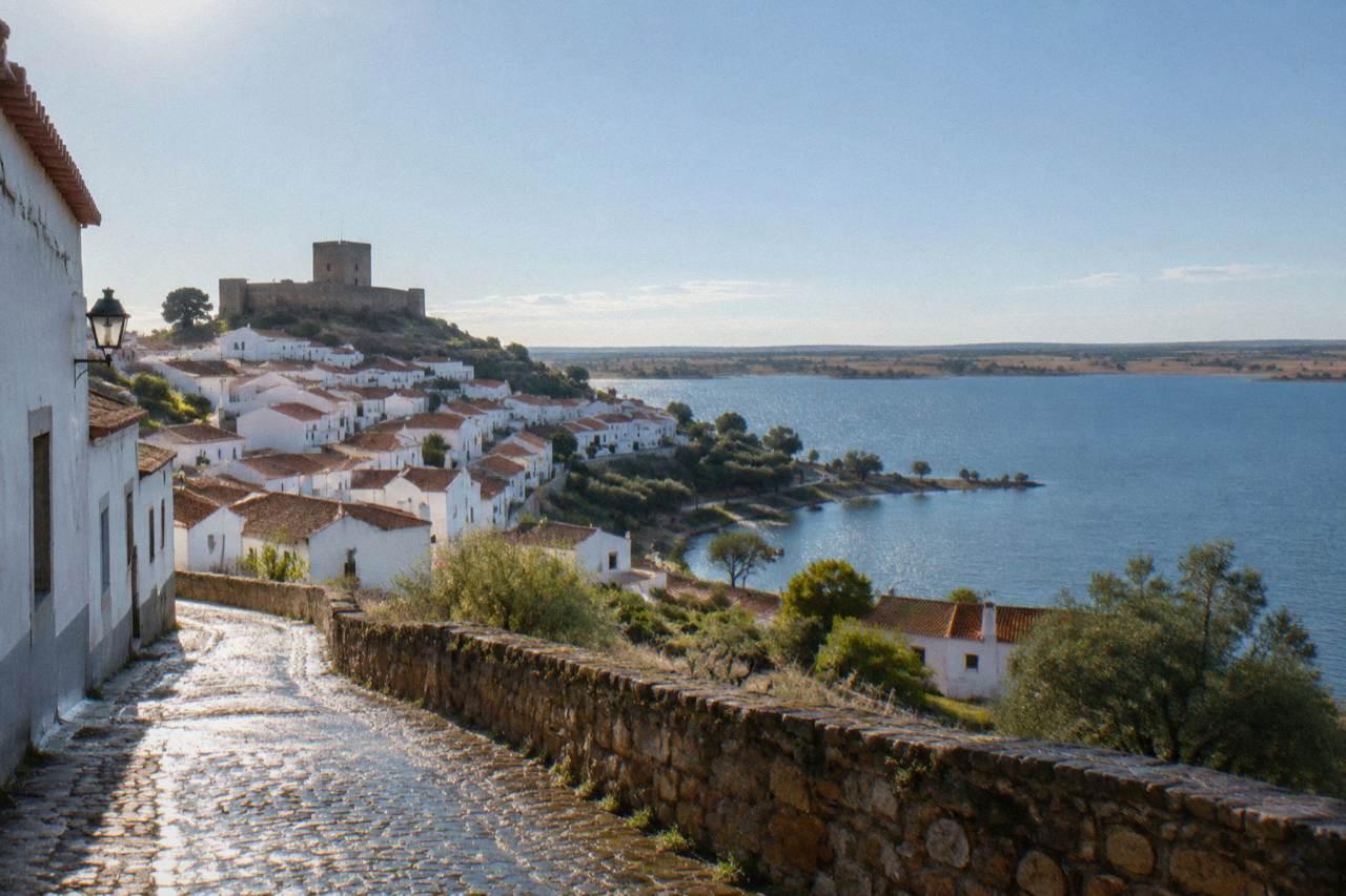White houses of a small Alentejo hill town stacked below a stone castle keep under a clear sky