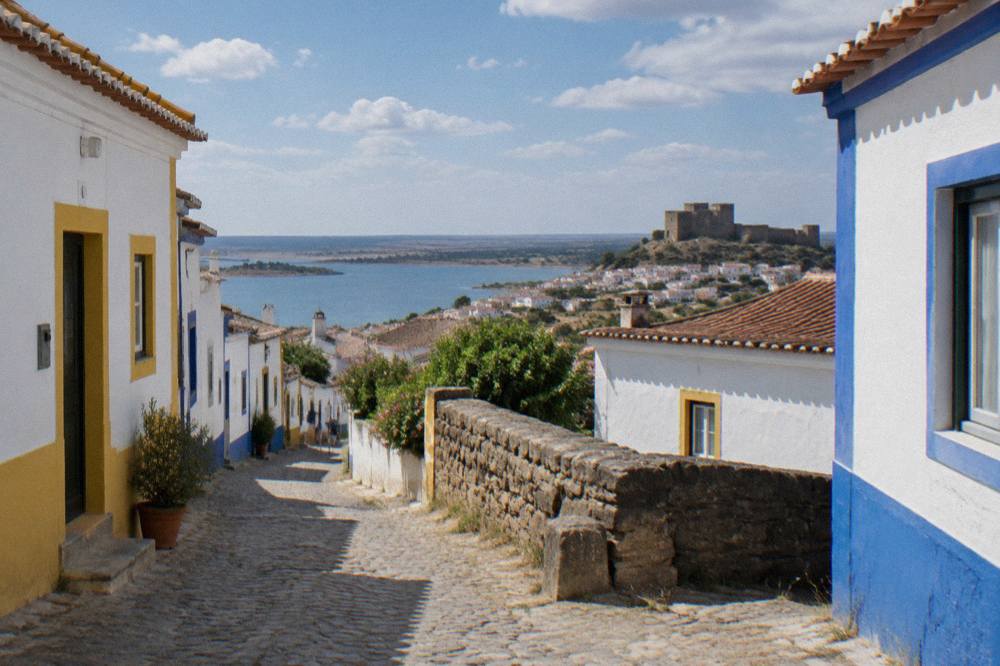 A narrow street of whitewashed houses with blue and yellow trim in an Alentejo town