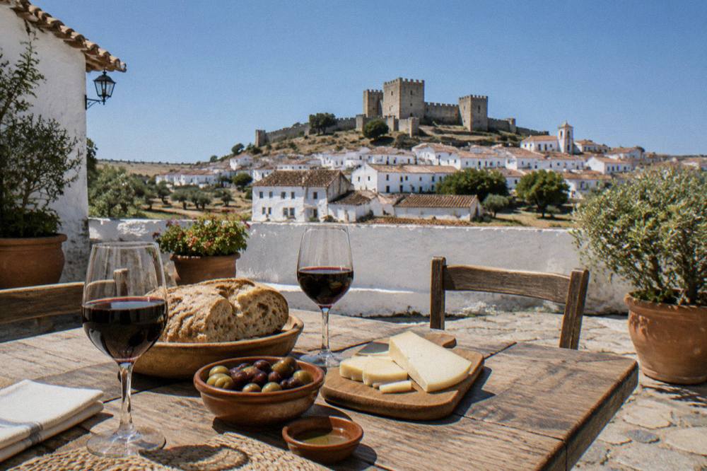 A rustic Alentejo table set with red wine, bread, cheese and olives in a sunny courtyard