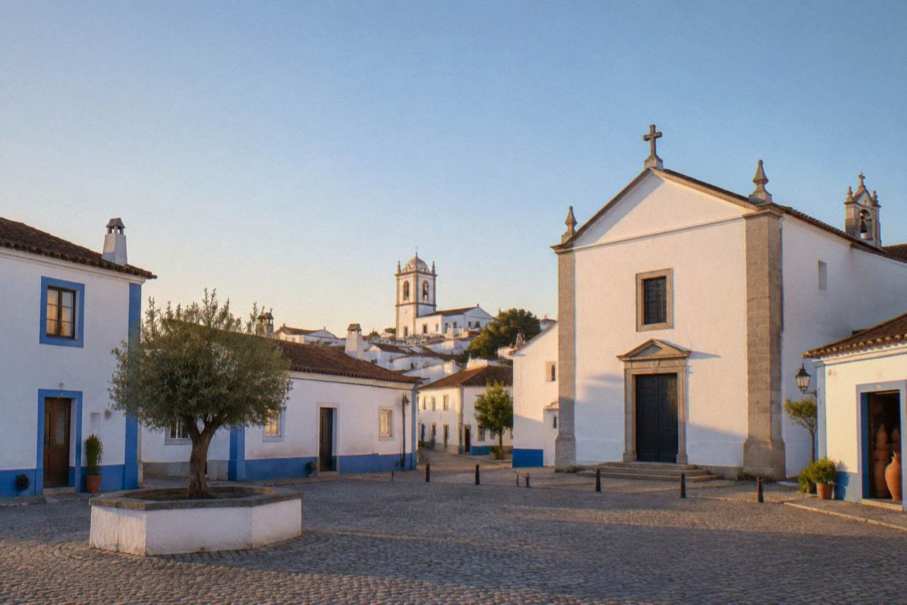 Whitewashed houses and a church tower rising above the rooftops of a small Alentejo hill town in warm evening light