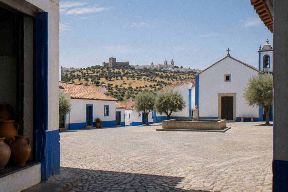 A hill town with a castle and church towers seen across dry golden countryside dotted with olive trees