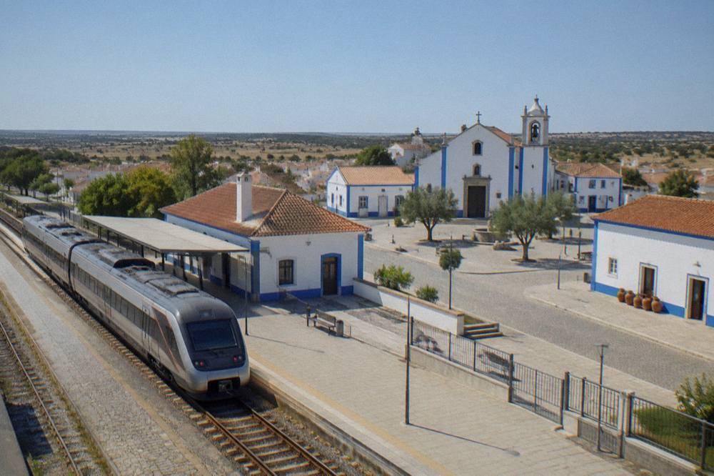 A train platform with a modern intercity train waiting beside a small regional station building