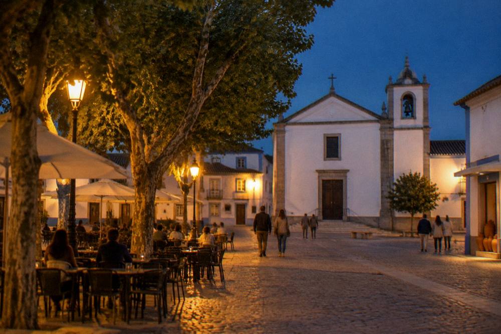 An evening square in a small Alentejo town with cafe tables, plane trees and people strolling under warm light