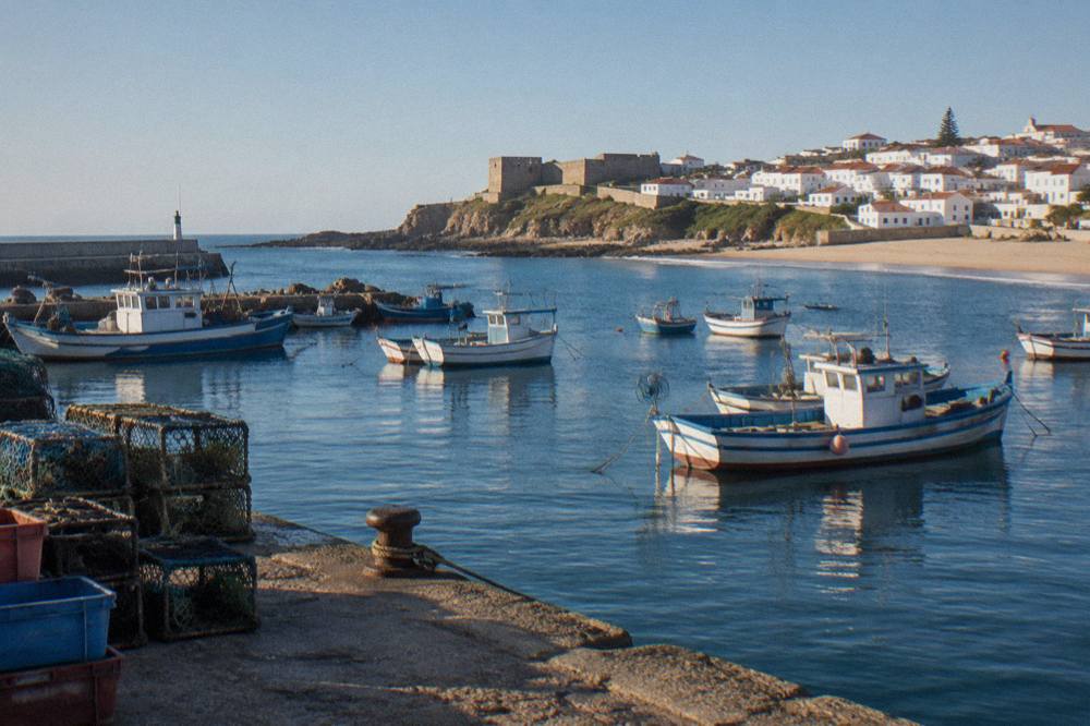 Fishing boats moored in the small harbour of a Portuguese coastal town with white houses on the hill above