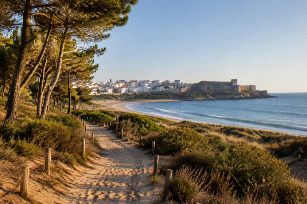 A narrow sandy road through pine trees and dunes towards the sea on a quiet coastal stretch