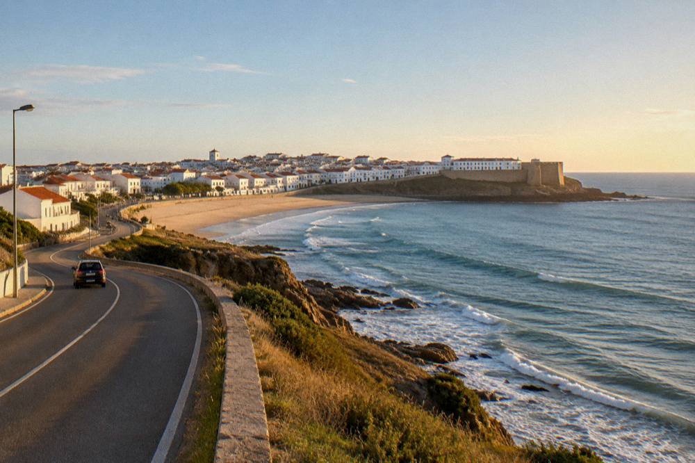 A coast road curving along a low cliff with the open Atlantic on one side at golden hour