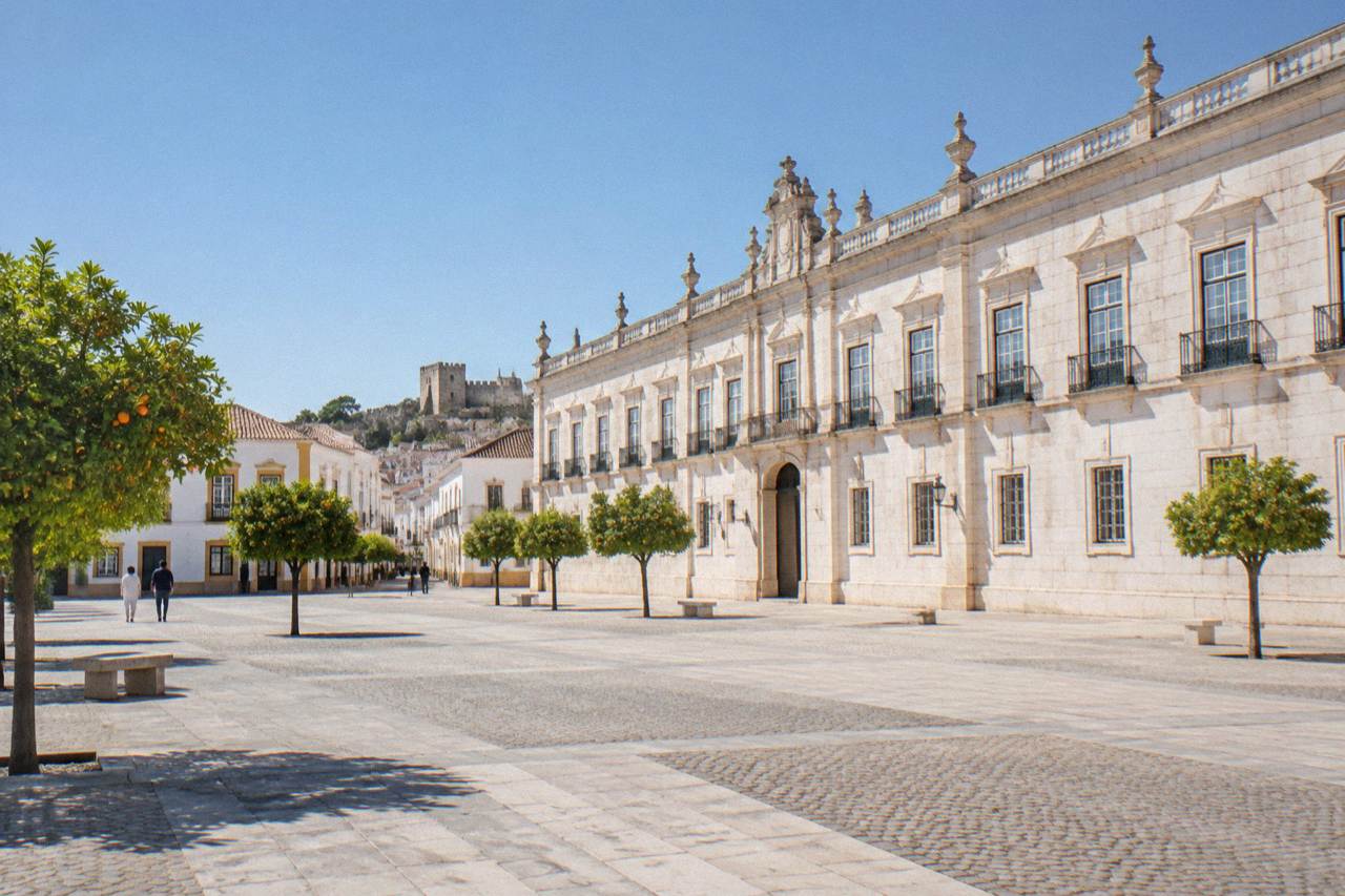 A quiet square in Vila Viçosa with marble paving and pale stone buildings under a clear sky