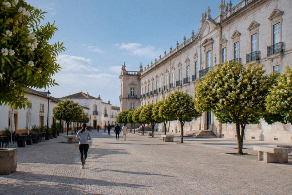 Marble buildings in Vila Viçosa under a warm spring sky with trees in leaf