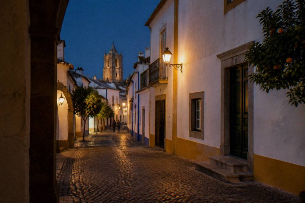 An evening street in the historic centre of Évora with lamps lit and stone buildings