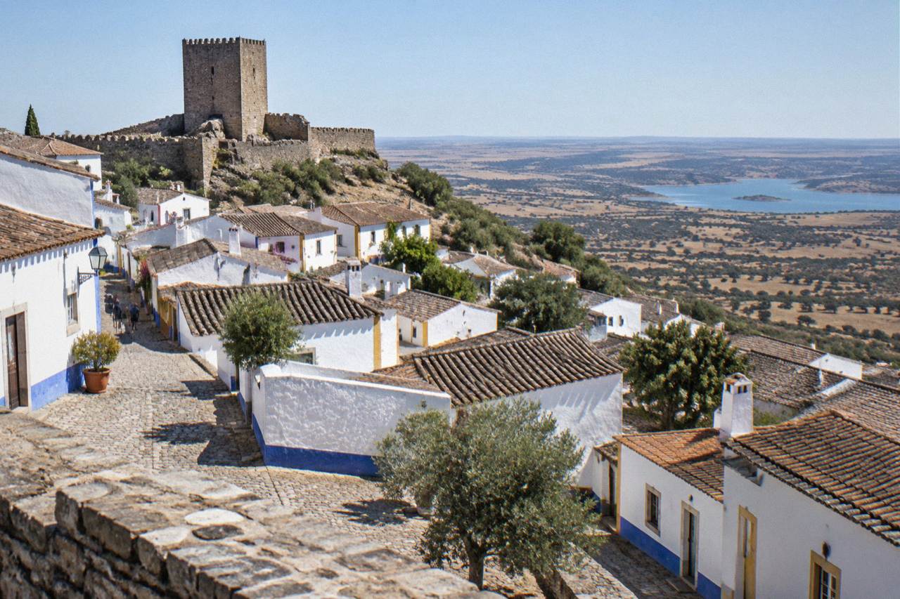 A stone castle keep rising above whitewashed Alentejo houses under a blue sky