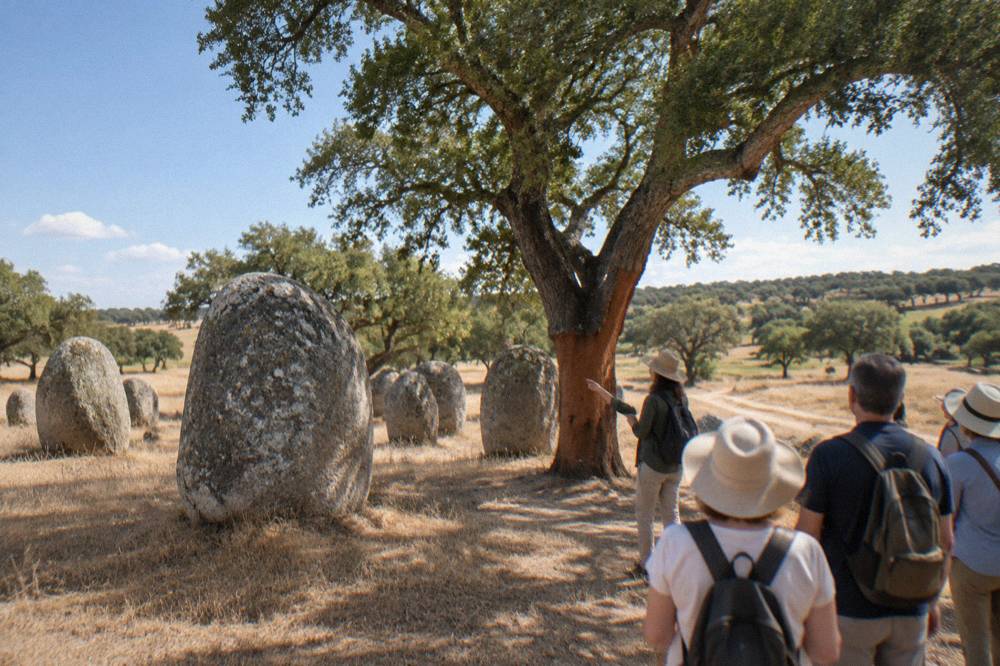 A guide showing a small group of visitors a cork oak in the Alentejo countryside