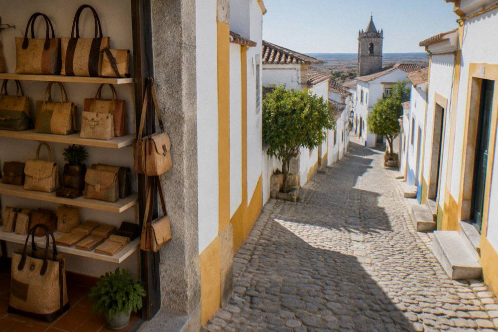 Cork handbags and wallets displayed on shelves in a shop in Évora