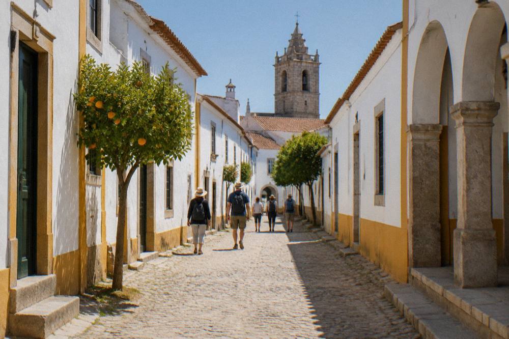Visitors walking a dirt track between cork oaks on a guided tour near Évora